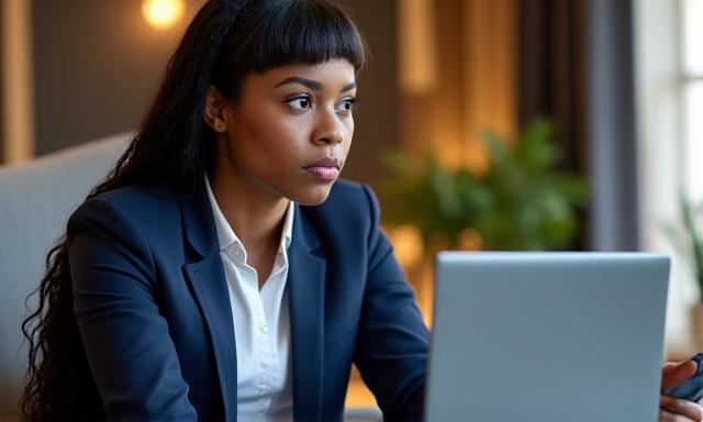 A professional looking concerned while reviewing a folder on a laptop