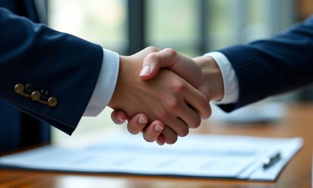 A handshake over a table with blurred business documents