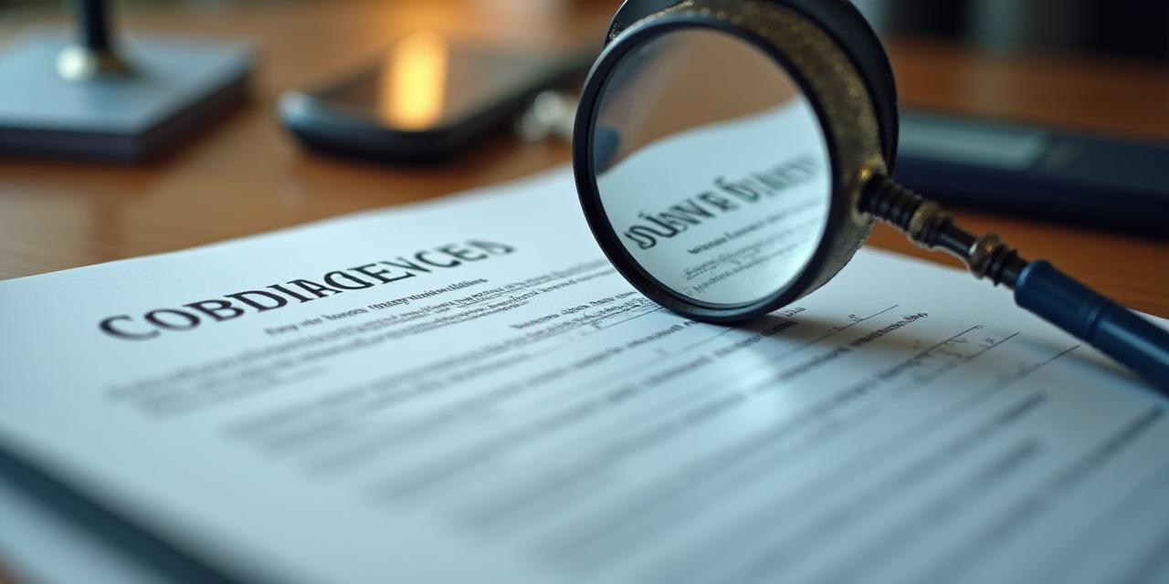 Close-up of a legal document with a magnifying glass