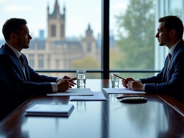 Professional legal negotiators discussing terms in a modern boardroom
